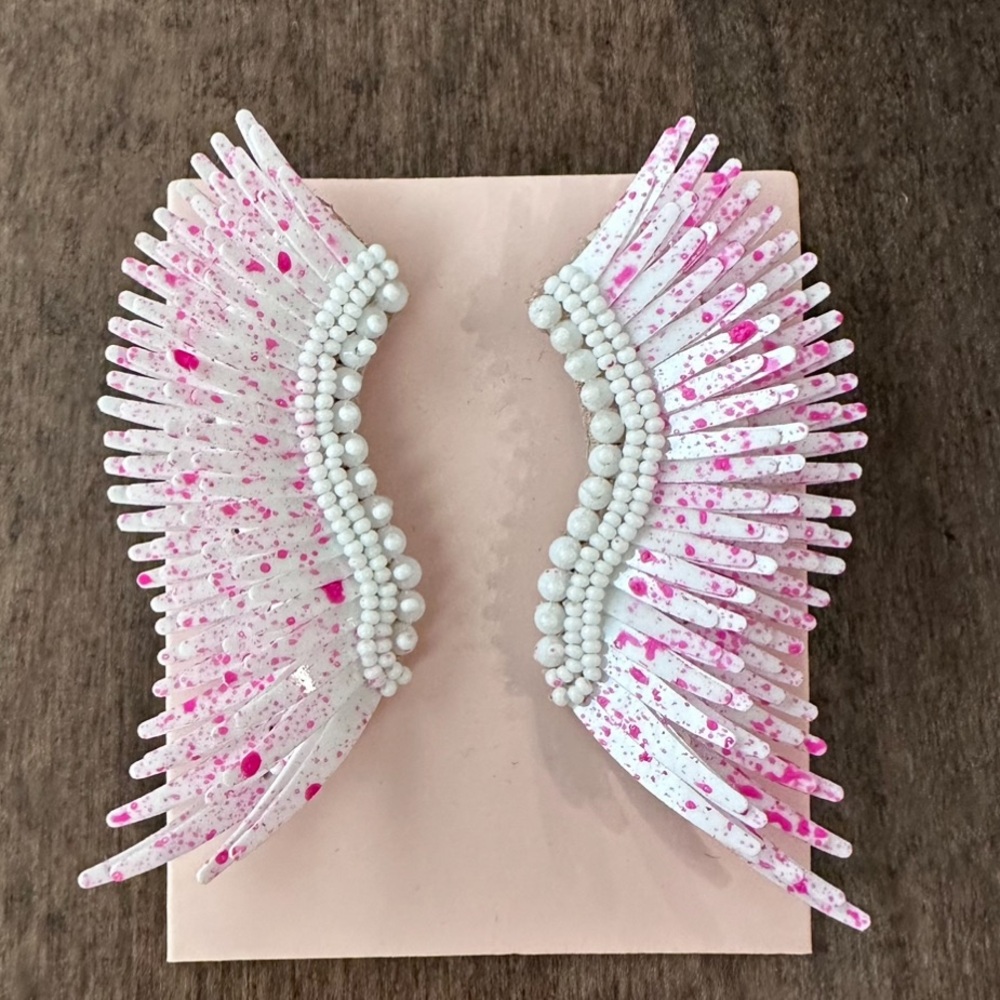 Mignonne Gavigan White With Pink Splatter Midi Madeline Wing Statement Earrings